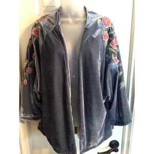 Umgee Jacket Blue Velvet Embroidered Hummingbirds Rose Open Women's Sz M Boho...